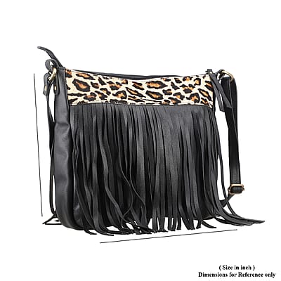 Black Genuine Leather Leopard Print RFID Messenger Sling Bag with Fringes and Leather Earrings