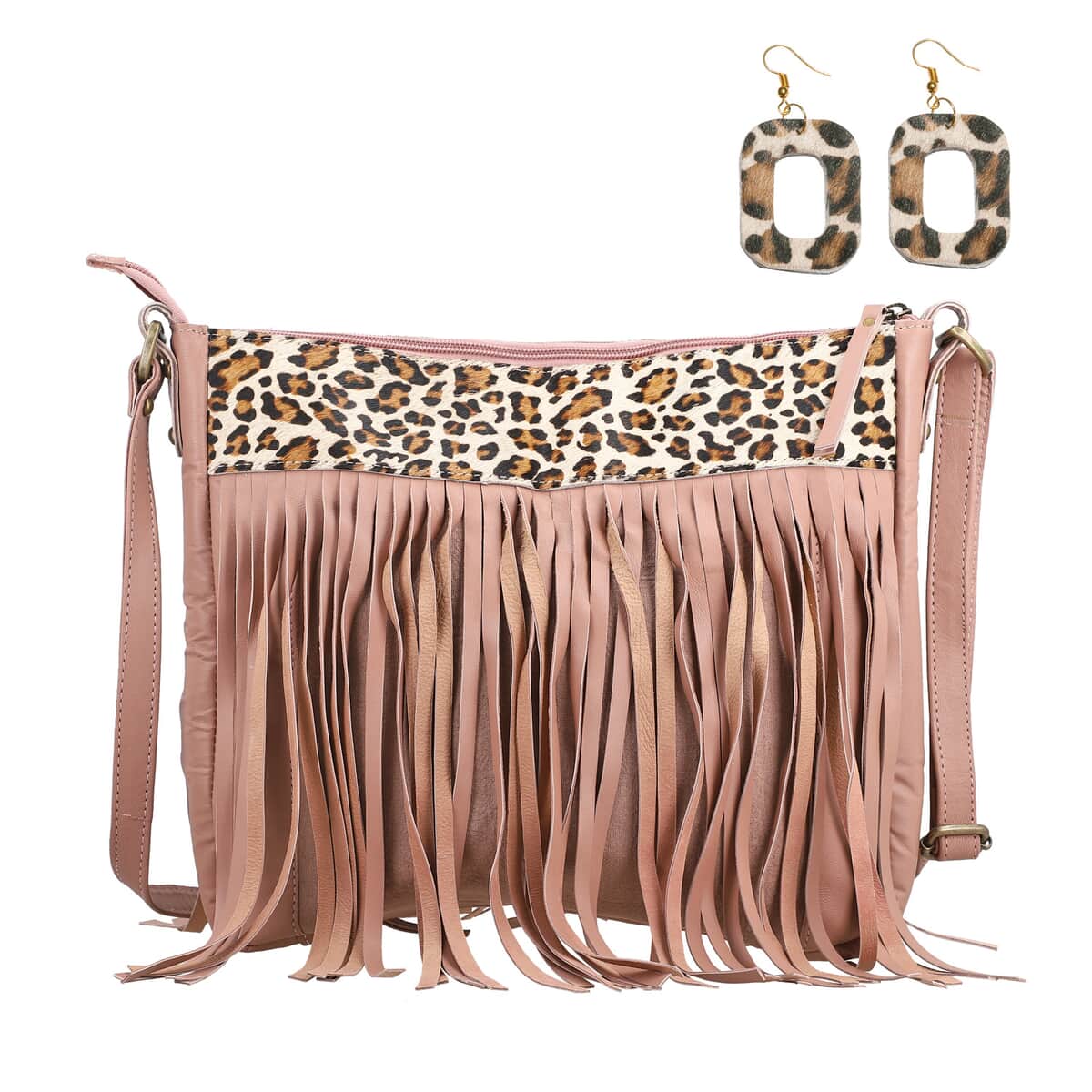 Mauve Genuine Leather Leopard Print RFID Messenger Sling Bag with Fringes and Leather Earrings image number 0