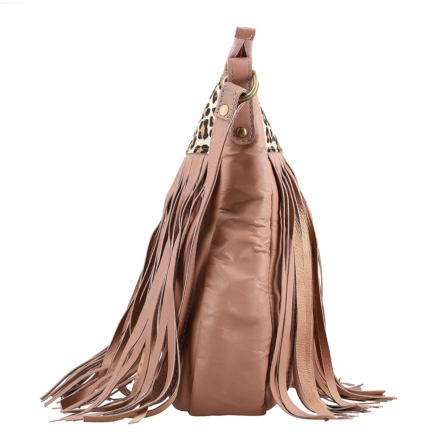 Mauve Genuine Leather Leopard Print RFID Messenger Sling Bag with Fringes and Leather Earrings