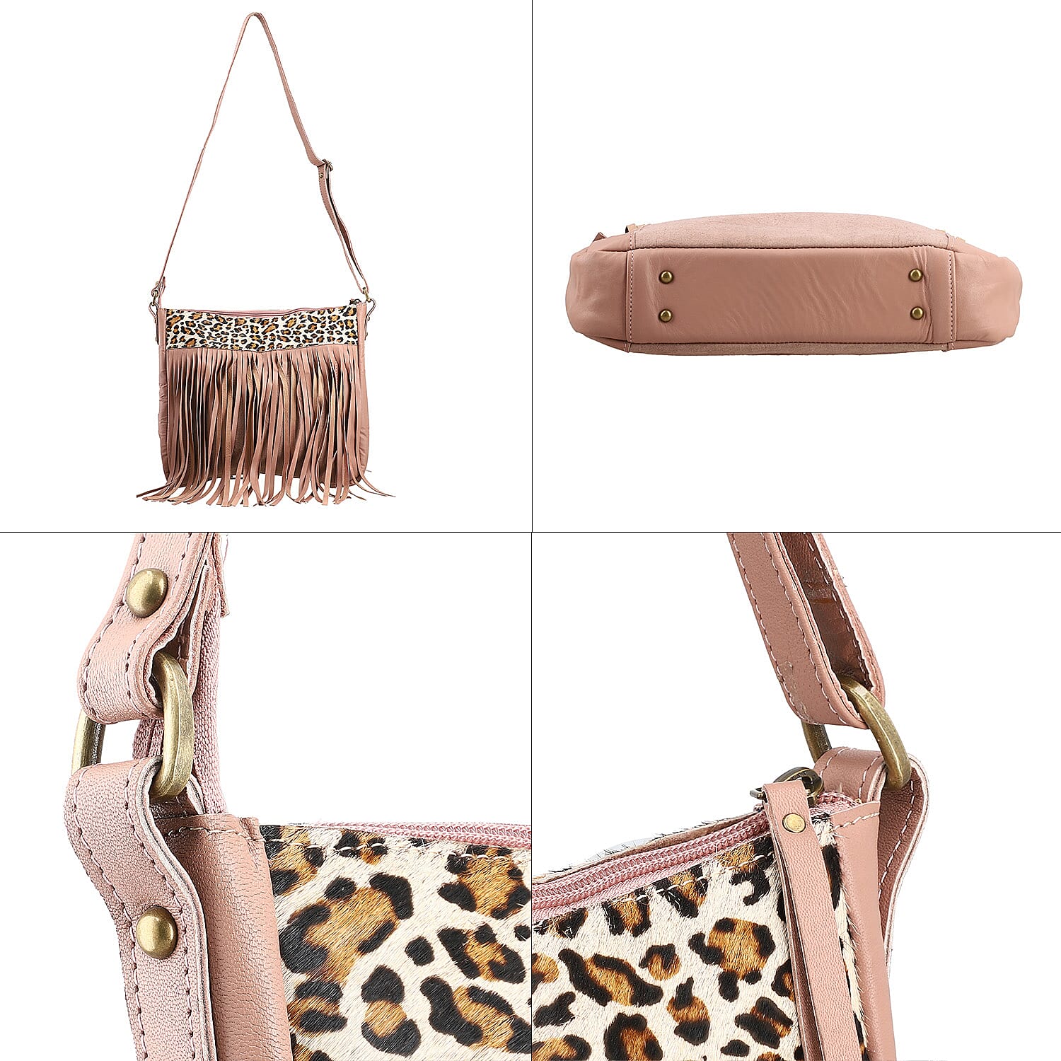 Mauve Genuine Leather Leopard Print RFID Messenger Sling Bag with Fringes and Leather Earrings