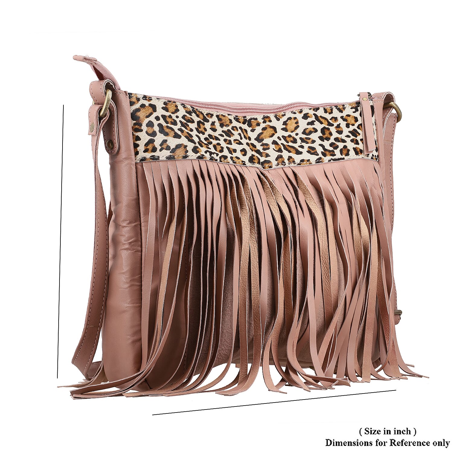 Mauve Genuine Leather Leopard Print RFID Messenger Sling Bag with Fringes and Leather Earrings