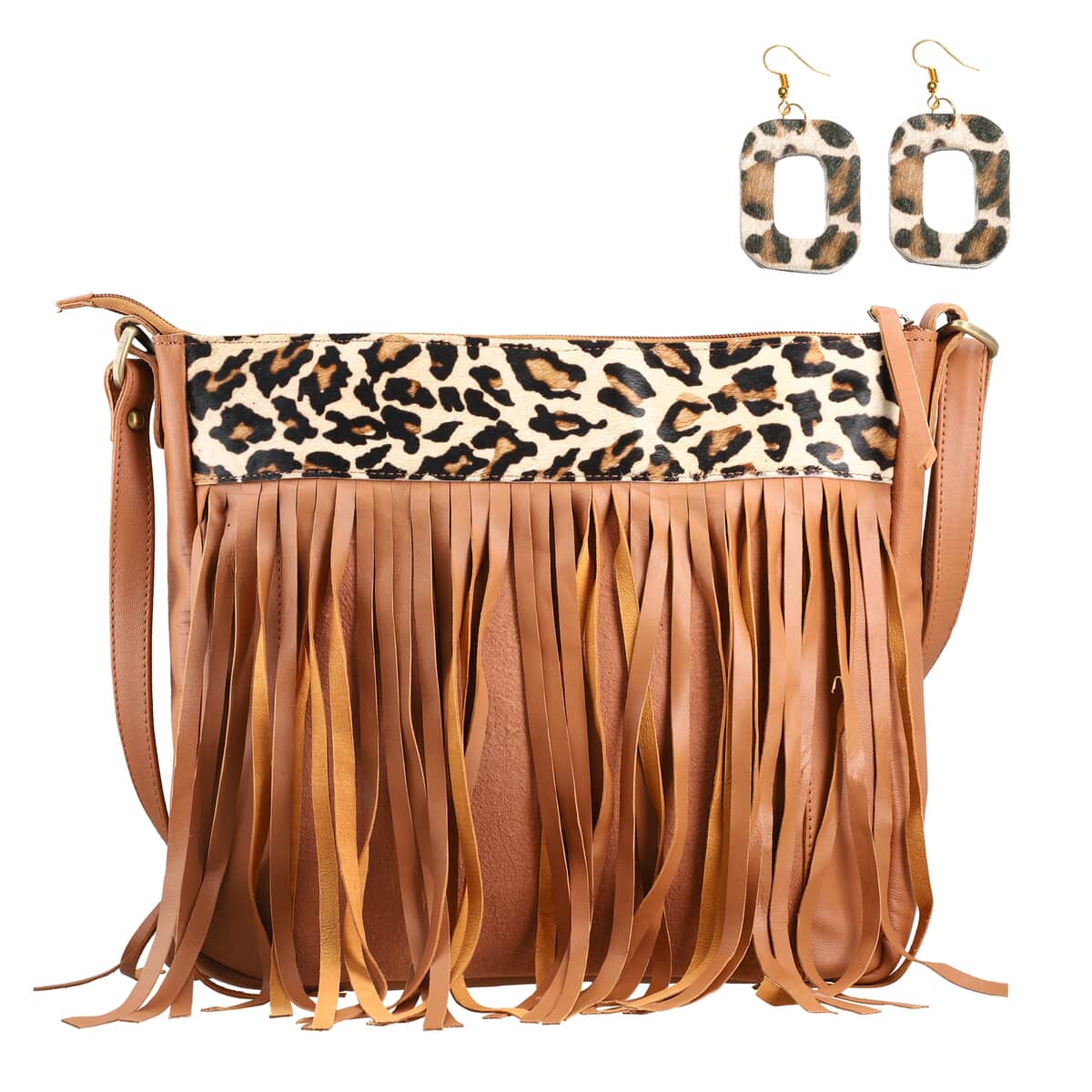 Tan Genuine Leather Leopard Print RFID Messenger Sling Bag with Fringes and Leather Earrings image number 0