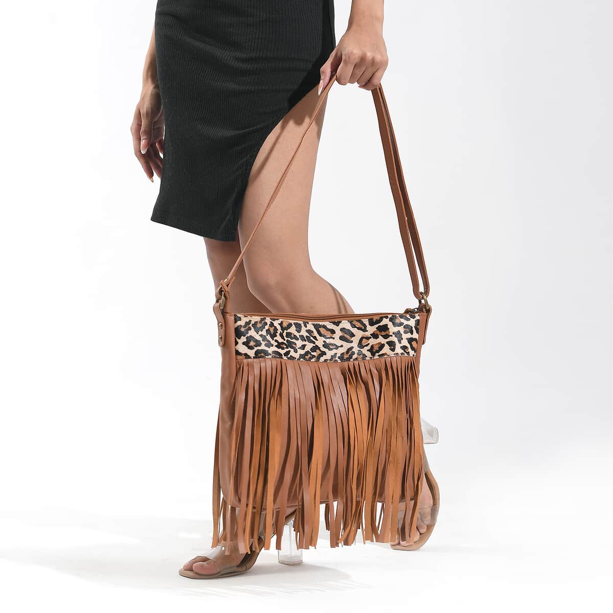 Tan Genuine Leather Leopard Print RFID Messenger Sling Bag with Fringes and Leather Earrings image number 2