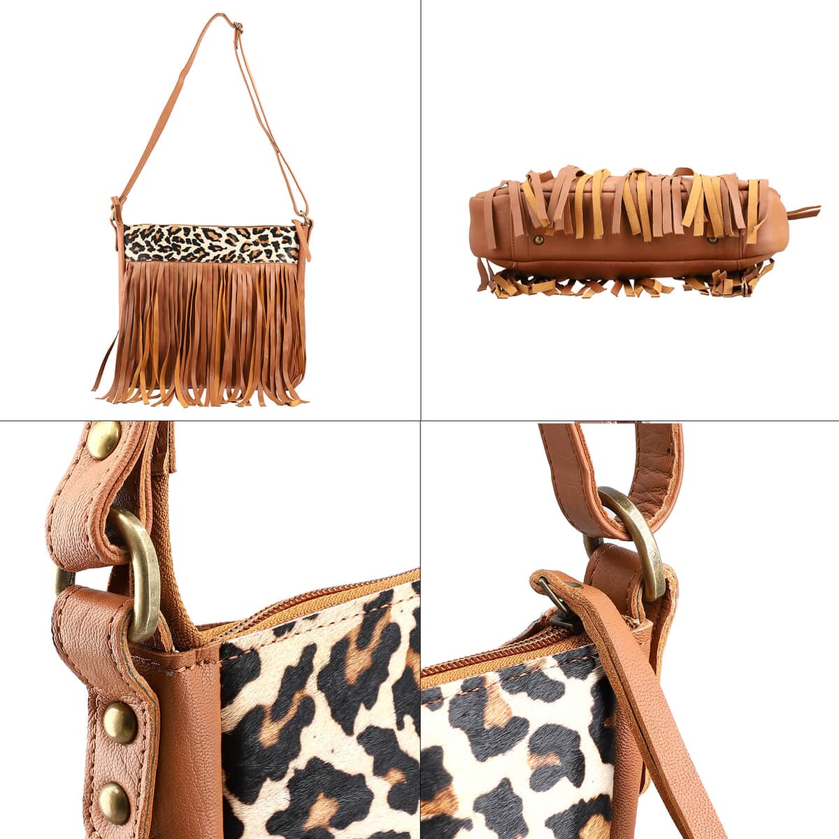 Tan Genuine Leather Leopard Print RFID Messenger Sling Bag with Fringes and Leather Earrings image number 6