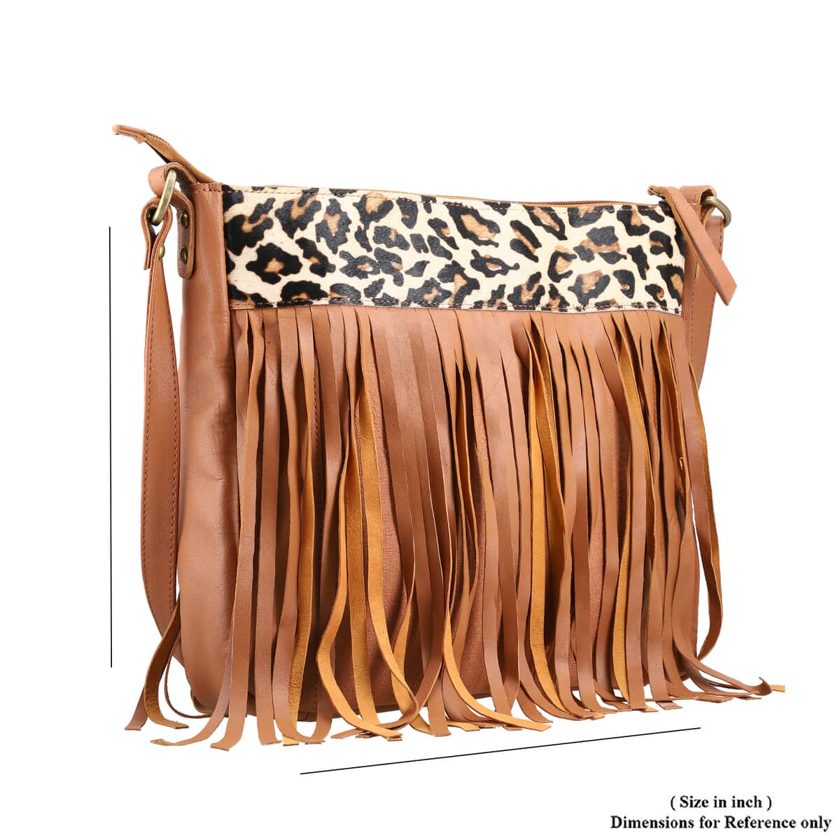 Tan Genuine Leather Leopard Print RFID Messenger Sling Bag with Fringes and Leather Earrings image number 7