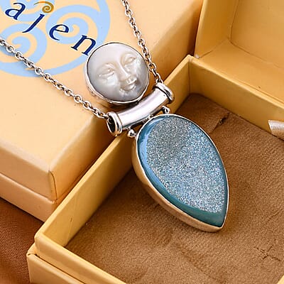 Sajen Silver Rainbow Paraiba Drusy Quartz and Mother Of Pearl Carved Pendant in Sterling Silver 45.00 ctw