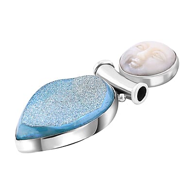 Sajen Silver Rainbow Paraiba Drusy Quartz and Mother Of Pearl Carved Pendant in Sterling Silver 45.00 ctw