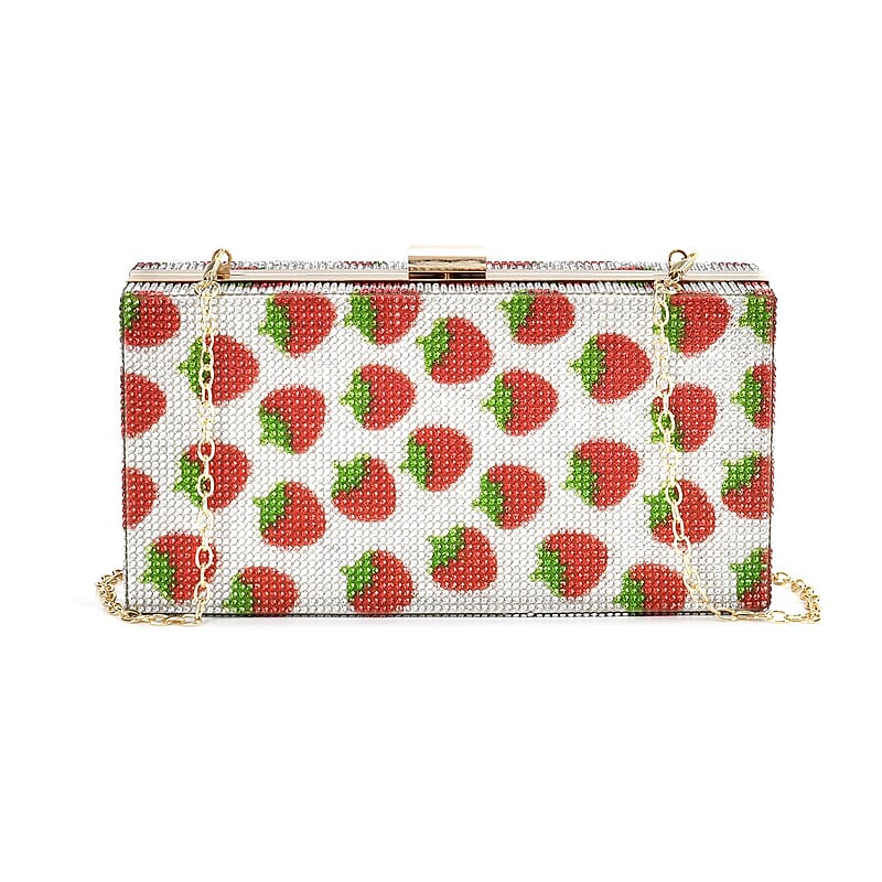 Red Strawberries Print Iron with Crystal Clutch Bag (8x2.4x4) with 2pcs Shoulder Chain Strap