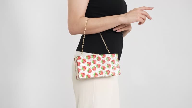 Red Strawberries Print Iron with Crystal Clutch Bag (8"x2.4"x4") with 2pcs Shoulder Chain Strap