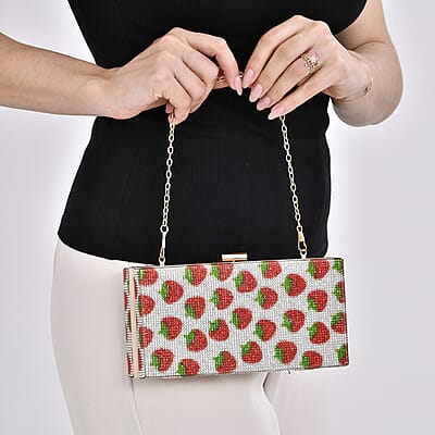 Red Strawberries Print Iron with Crystal Clutch Bag (8x2.4x4) with 2pcs Shoulder Chain Strap