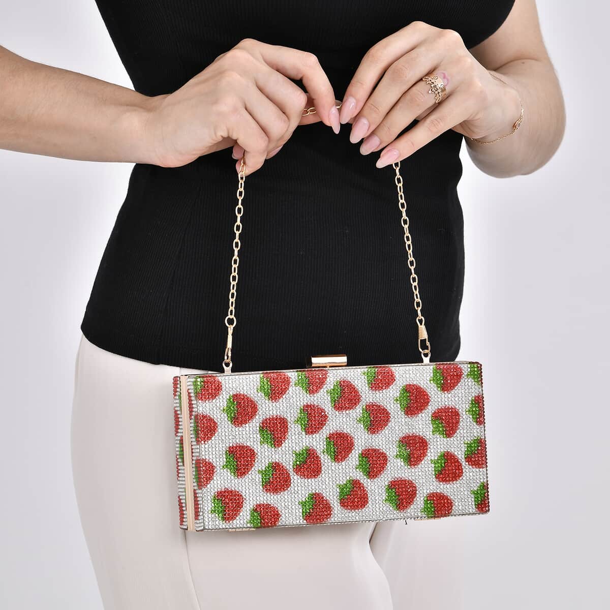 Red Strawberries Print Iron with Crystal Clutch Bag with 2pcs Shoulder Chain Strap image number 1