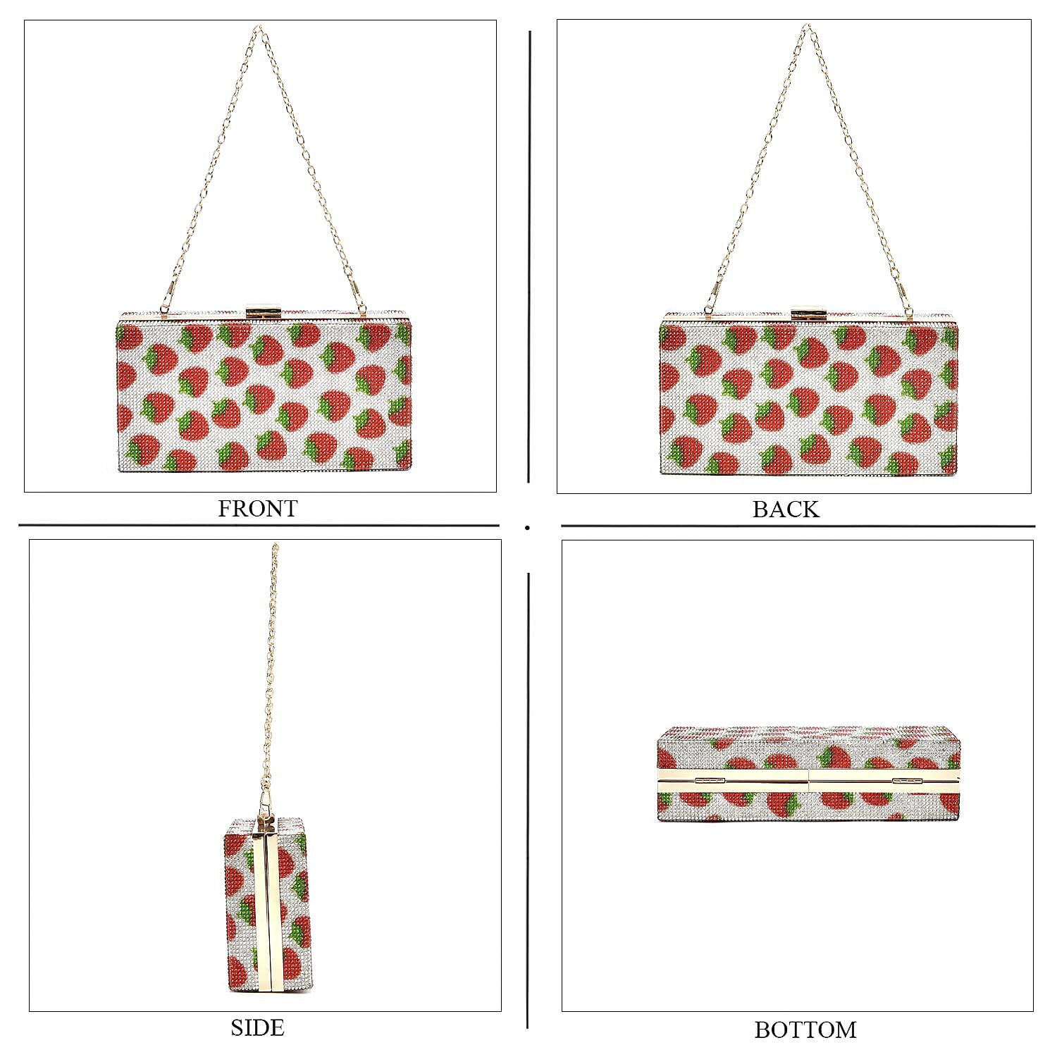 Red Strawberries Print Iron with Crystal Clutch Bag (8x2.4x4) with 2pcs Shoulder Chain Strap