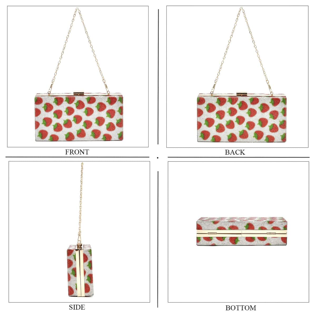 Red Strawberries Print Iron with Crystal Clutch Bag with 2pcs Shoulder Chain Strap image number 2