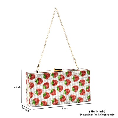 Red Strawberries Print Iron with Crystal Clutch Bag (8x2.4x4) with 2pcs Shoulder Chain Strap