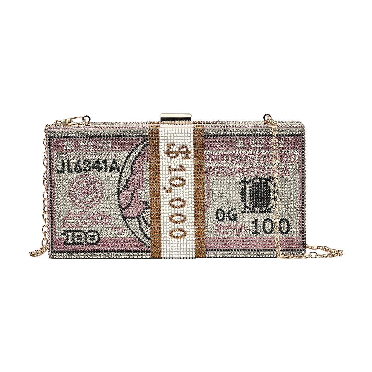 Pink Dollar Print Iron with Crystal Clutch Bag with 2pcs Shoulder Chain Strap image number 0