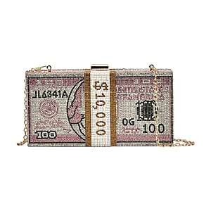 Pink Dollar Print Iron with Crystal Clutch Bag with 2pcs Shoulder Chain Strap
