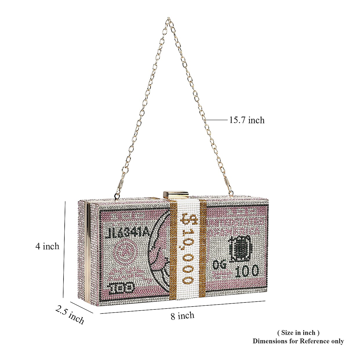 Pink Dollar Print Iron with Crystal Clutch Bag with 2pcs Shoulder Chain Strap image number 4