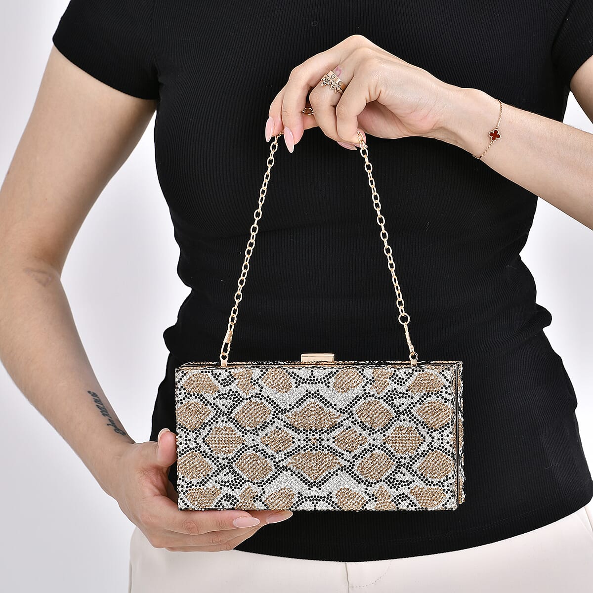 Gold Snake Print Iron with Crystal Clutch Bag with 2pcs Shoulder Chain Strap image number 1
