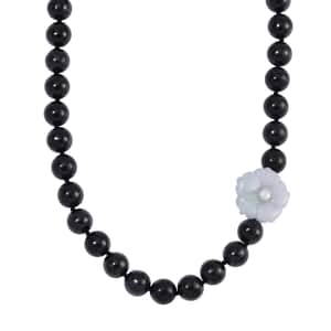 Natural Jade Carved Flower, Freshwater Pearl, Shungite Necklace 20 Inches in Rhodium Over Sterling Silver 461.00 ctw