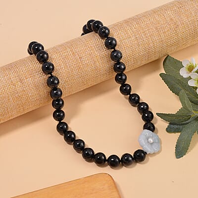 Natural Jade Carved Flower, Freshwater Pearl, Shungite 461.00 ctw Necklace in Rhodium Over Sterling Silver 20 Inches