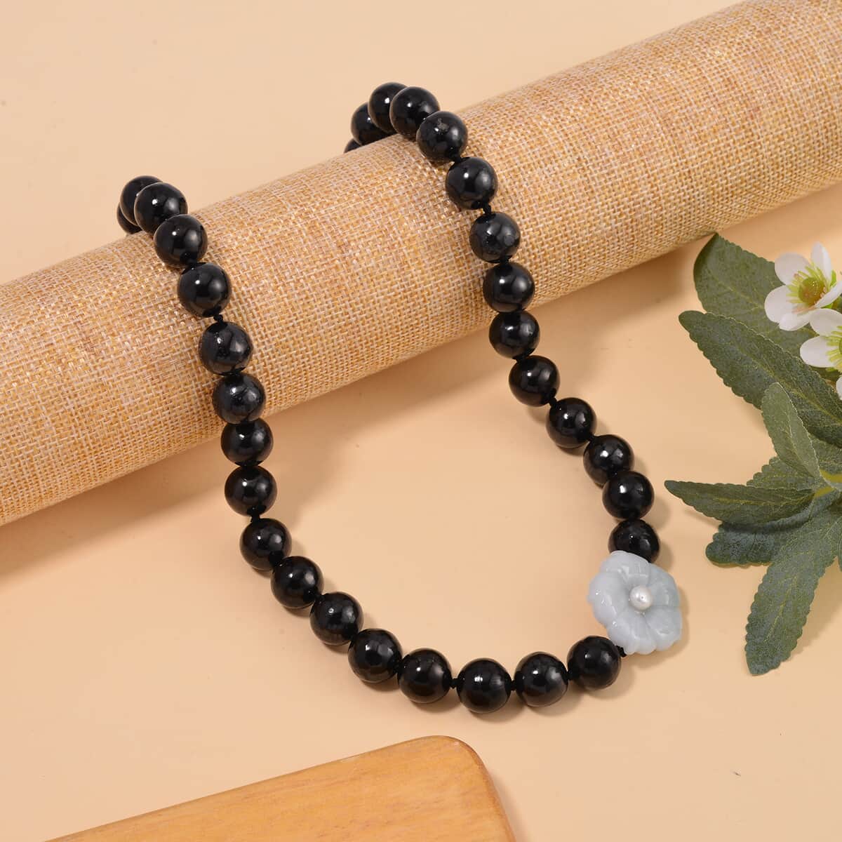 Natural Jade Carved Flower, Freshwater Pearl, Shungite Necklace 20 Inches in Rhodium Over Sterling Silver 461.00 ctw image number 1