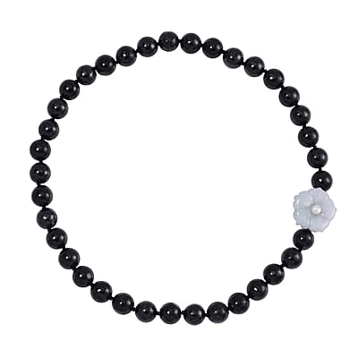 Natural Jade Carved Flower, Freshwater Pearl, Shungite 461.00 ctw Necklace in Rhodium Over Sterling Silver 20 Inches