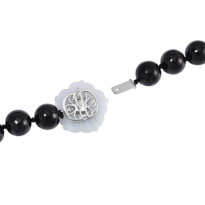 Natural Jade Carved Flower, Freshwater Pearl, Shungite 461.00 ctw Necklace in Rhodium Over Sterling Silver 20 Inches