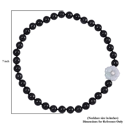 Natural Jade Carved Flower, Freshwater Pearl, Shungite 461.00 ctw Necklace in Rhodium Over Sterling Silver 20 Inches