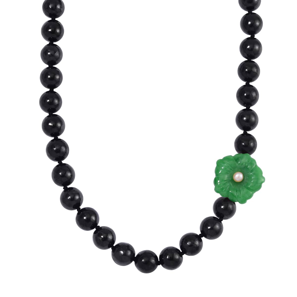 Green Jade Carved Flower (D) and Peach Freshwater Pearl, Shungite 461.00 ctw Necklace in Rhodium Over Sterling Silver 20 Inches image number 0