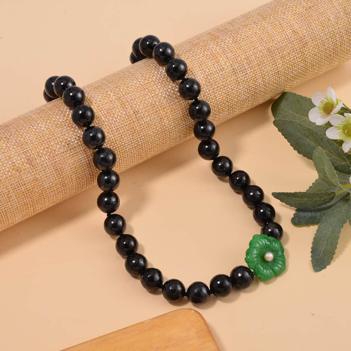 Green Jade Carved Flower (D) and Peach Freshwater Pearl, Shungite 461.00 ctw Necklace in Rhodium Over Sterling Silver 20 Inches image number 1