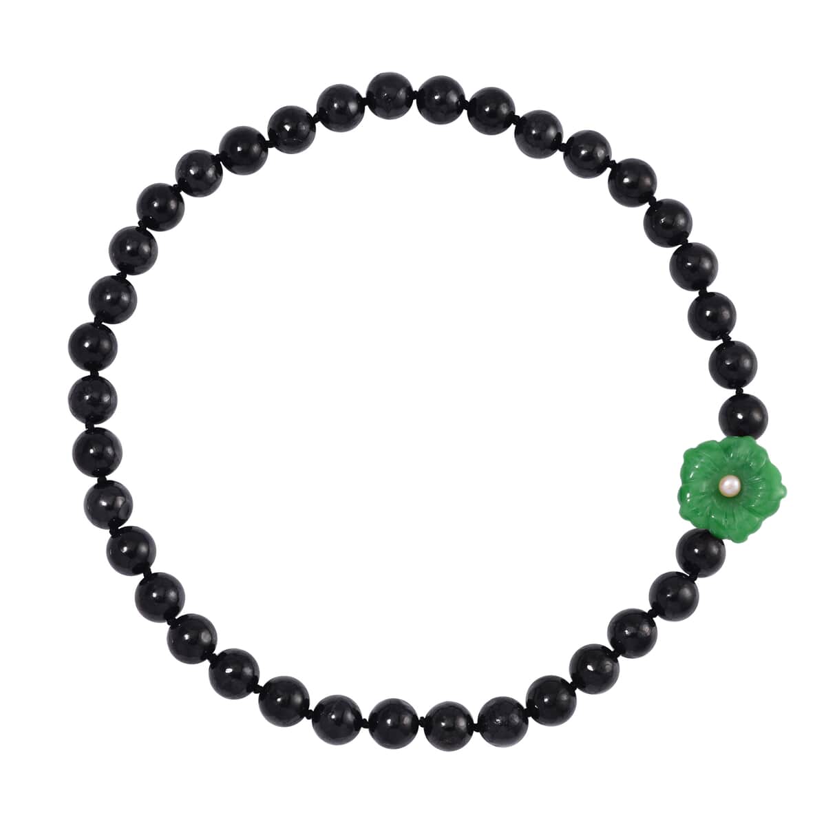 Green Jade Carved Flower (D) and Peach Freshwater Pearl, Shungite 461.00 ctw Necklace in Rhodium Over Sterling Silver 20 Inches image number 2