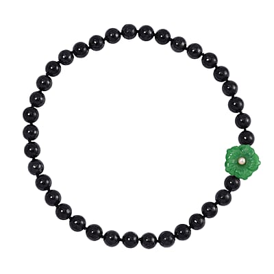 Green Jade Carved Flower (D) and Peach Freshwater Pearl, Shungite 461.00 ctw Necklace in Rhodium Over Sterling Silver 20 Inches