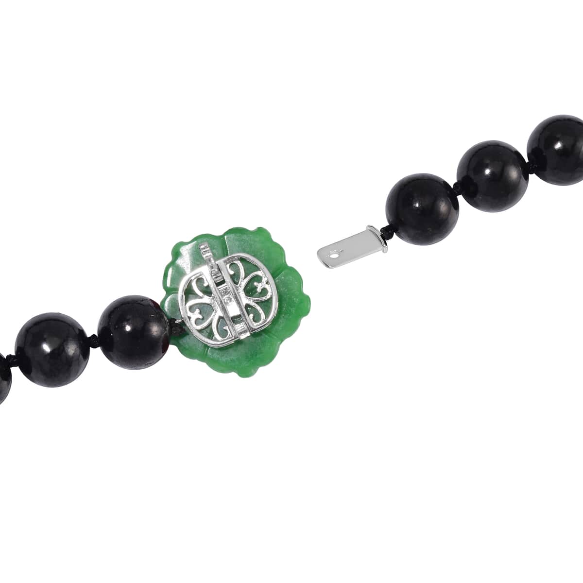 Green Jade Carved Flower (D) and Peach Freshwater Pearl, Shungite 461.00 ctw Necklace in Rhodium Over Sterling Silver 20 Inches image number 3