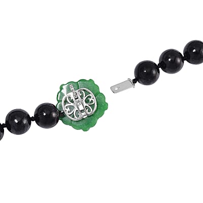 Green Jade Carved Flower (D) and Peach Freshwater Pearl, Shungite 461.00 ctw Necklace in Rhodium Over Sterling Silver 20 Inches