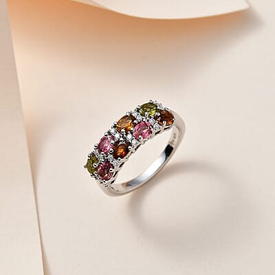 Multi-Tourmaline and Moissanite Ring in Platinum Over Sterling Silver (Size 10.0) 1.60 ctw