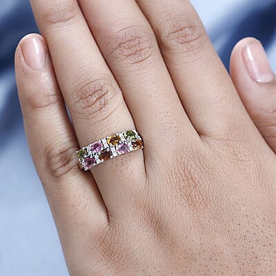 Multi-Tourmaline and Moissanite Ring in Platinum Over Sterling Silver (Size 10.0) 1.60 ctw