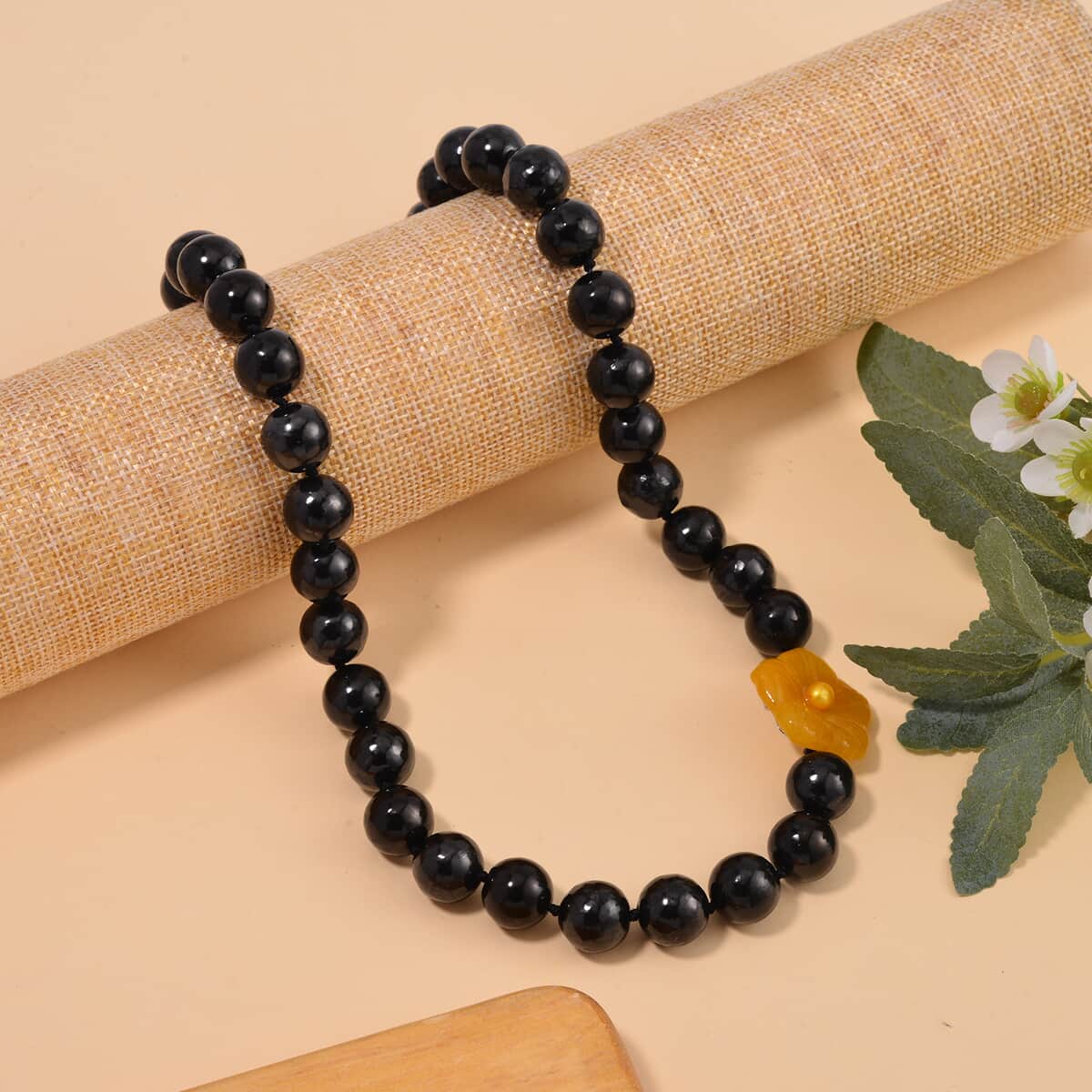 Honey Jade Carved Flower (D), Golden Freshwater Pearl, Shungite 461.00 ctw Necklace in Rhodium Over Sterling Silver 20 Inches image number 1