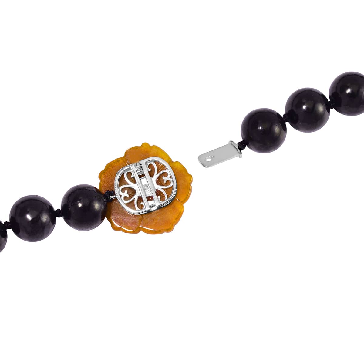 Honey Jade Carved Flower (D), Golden Freshwater Pearl, Shungite 461.00 ctw Necklace in Rhodium Over Sterling Silver 20 Inches image number 3