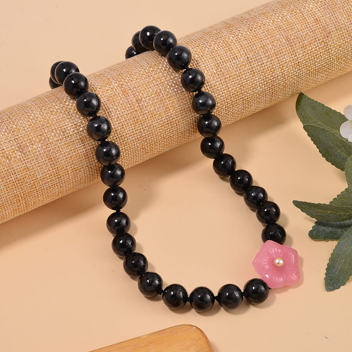 Pink Jade Carved Flower (D), Peach Freshwater Pearl, Shungite 461.00 ctw Necklace in Rhodium Over Sterling Silver 20 Inches image number 1