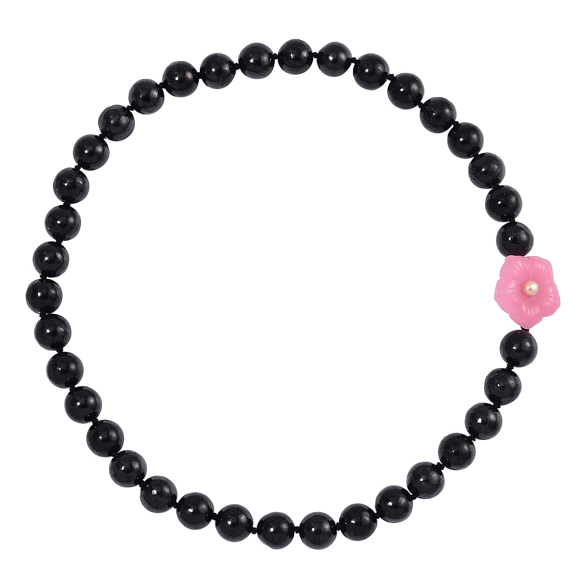 Pink Jade Carved Flower (D), Peach Freshwater Pearl, Shungite 461.00 ctw Necklace in Rhodium Over Sterling Silver 20 Inches image number 2
