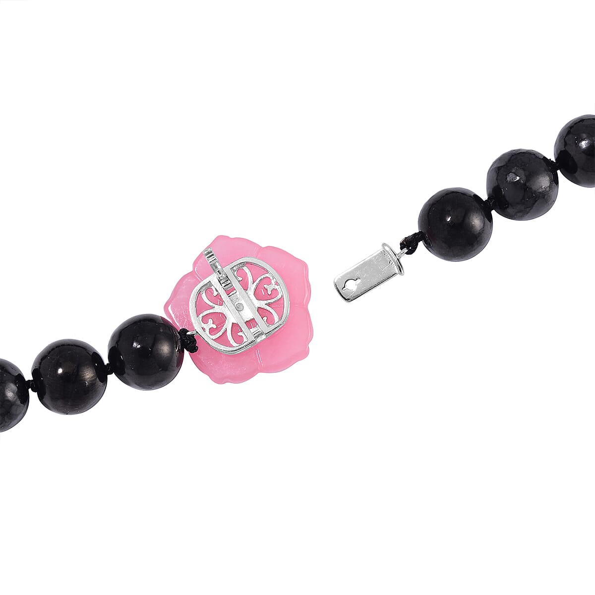 Pink Jade Carved Flower (D), Peach Freshwater Pearl, Shungite 461.00 ctw Necklace in Rhodium Over Sterling Silver 20 Inches image number 3