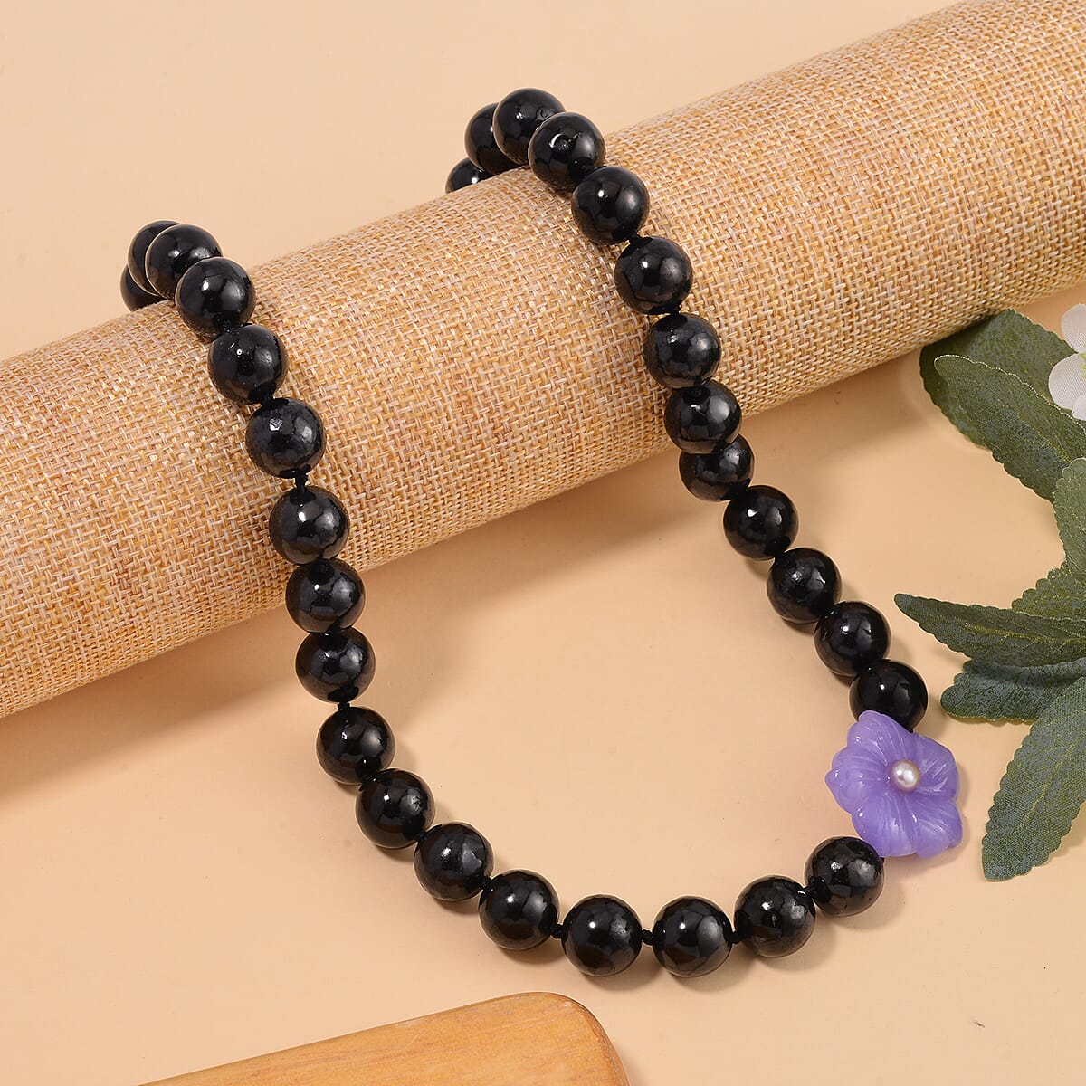 Purple Jade Carved Flower (D), Purple Freshwater Pearl, Shungite 461.00 ctw Necklace in Rhodium Over Sterling Silver 20 Inches image number 1