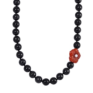Red Jade Carved Flower (D), Freshwater Pearl, Shungite 461.00 ctw Necklace in Rhodium Over Sterling Silver 20 Inches