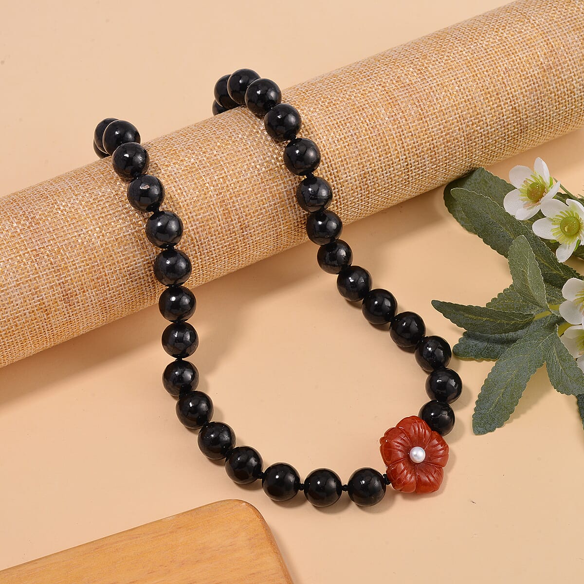 Red Jade Carved Flower (D), Freshwater Pearl, Shungite 461.00 ctw Necklace in Rhodium Over Sterling Silver 20 Inches image number 1
