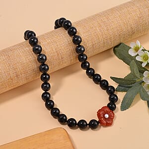 Red Jade Carved Flower (D), Freshwater Pearl, Shungite 461.00 ctw Necklace in Rhodium Over Sterling Silver 20 Inches