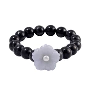 Natural Jade Carved Flower, Freshwater Pearl and Shungite Beaded Bracelet in Rhodium Over Sterling Silver (6.50-7.00In) 110.00 ctw