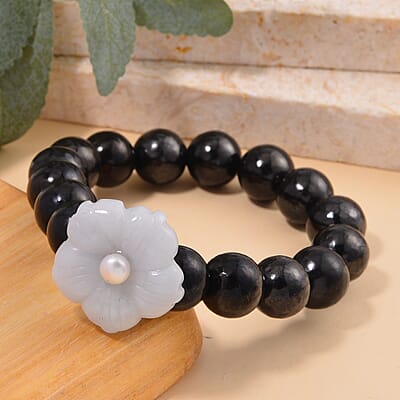 Natural Jade Carved Flower, Freshwater Pearl and Shungite Beaded Bracelet in Rhodium Over Sterling Silver (6.50-7.00In) 110.00 ctw
