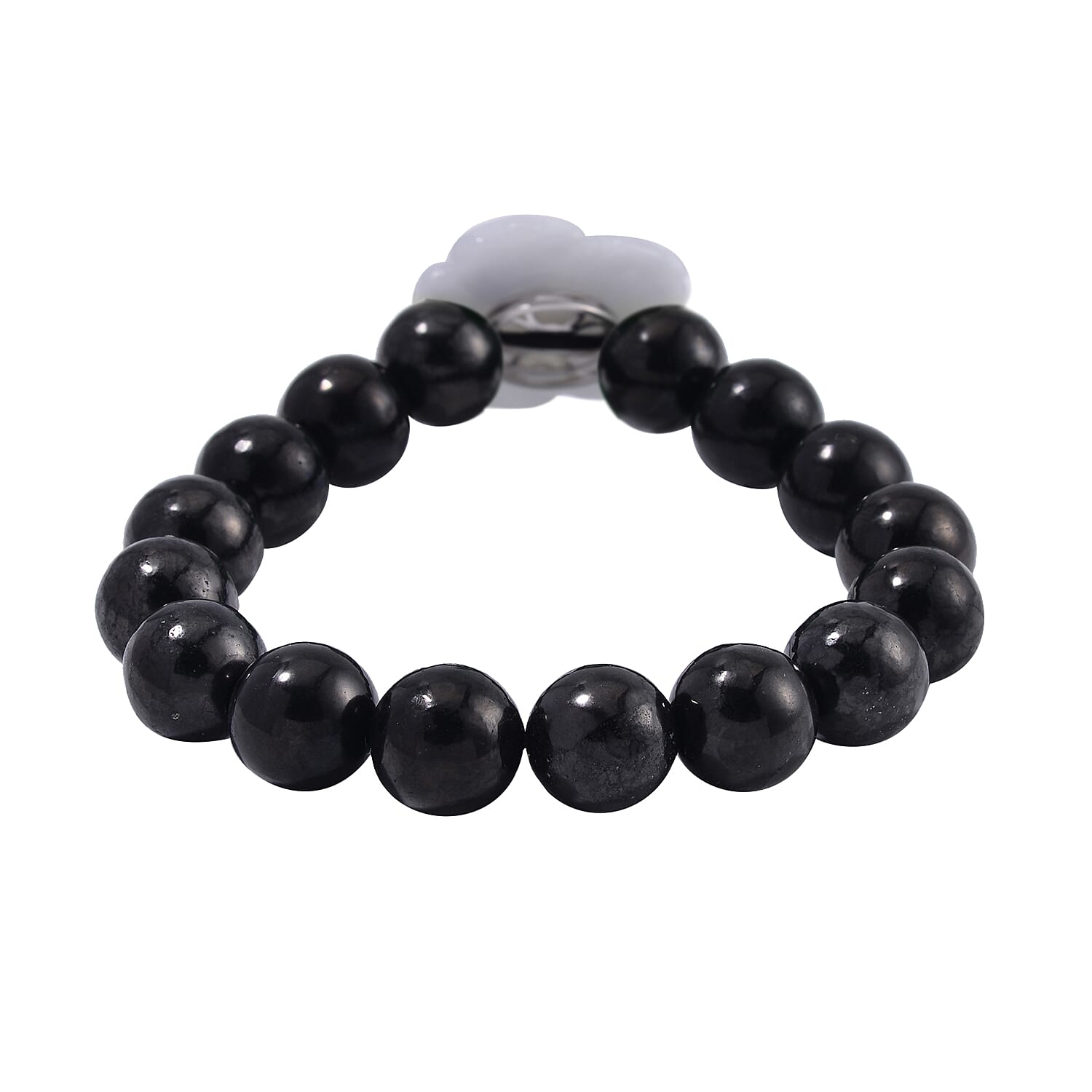 Natural Jade Carved Flower, Freshwater Pearl and Shungite Beaded Bracelet in Rhodium Over Sterling Silver (6.50-7.00In) 110.00 ctw