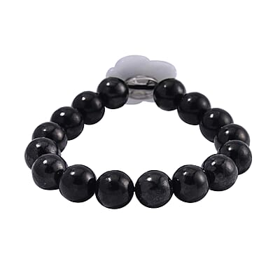 Natural Jade Carved Flower, Freshwater Pearl and Shungite Beaded Bracelet in Rhodium Over Sterling Silver (6.50-7.00In) 110.00 ctw