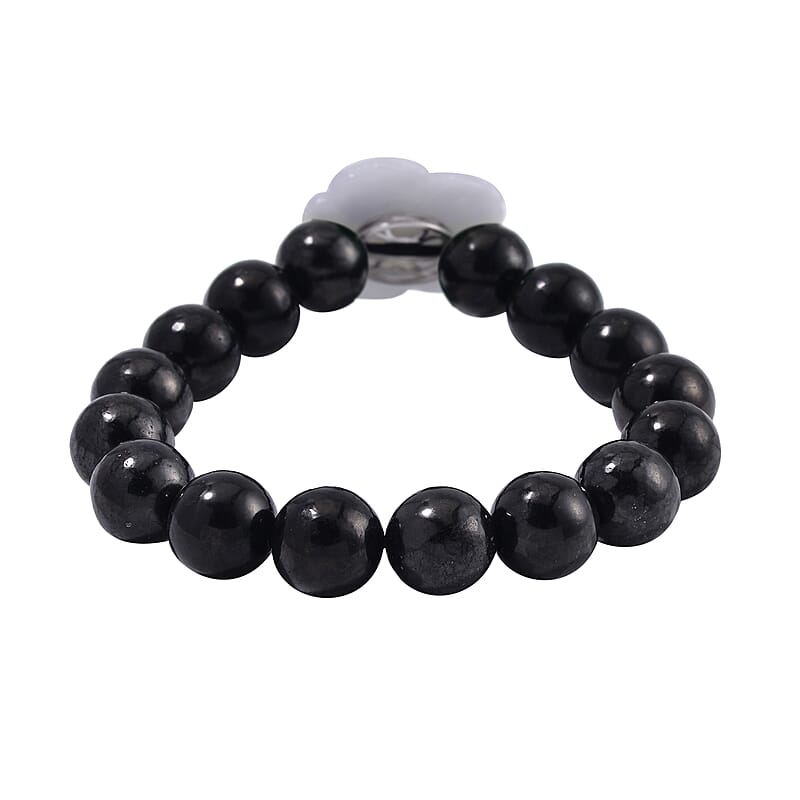 Natural Jade Carved Flower, Freshwater Pearl and Shungite Beaded Bracelet in Rhodium Over Sterling Silver (6.50-7.00In) 110.00 ctw